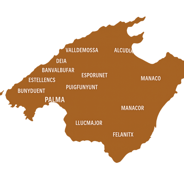 Damos servicio en toda Mallorca Mapa de Mallorca con los nombres de las diferentes provincias en las que se da servicio